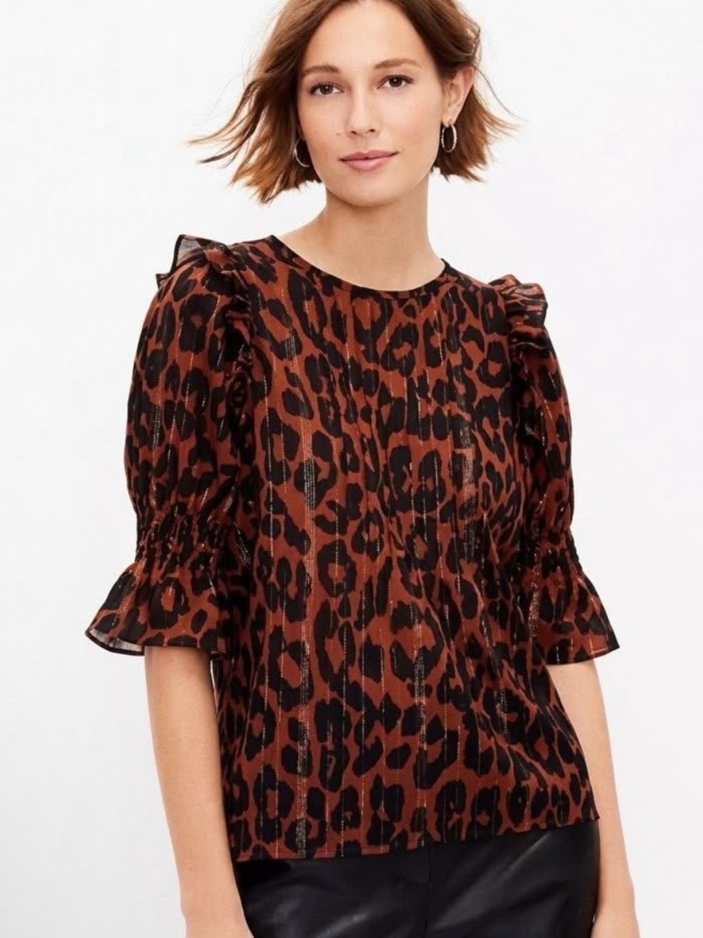 NEW, LOFT Cotton Blend Elbow Sleeve Blouse Ruffle Cheetah Brown, Black, Gold